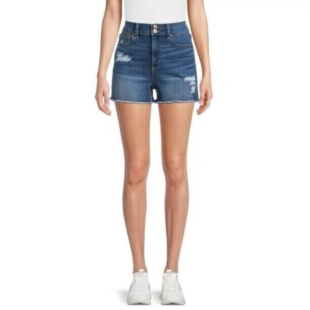 No Boundaries Juniors Destructed Denim Curvy Shorts Size 1 Distressed Med Wash